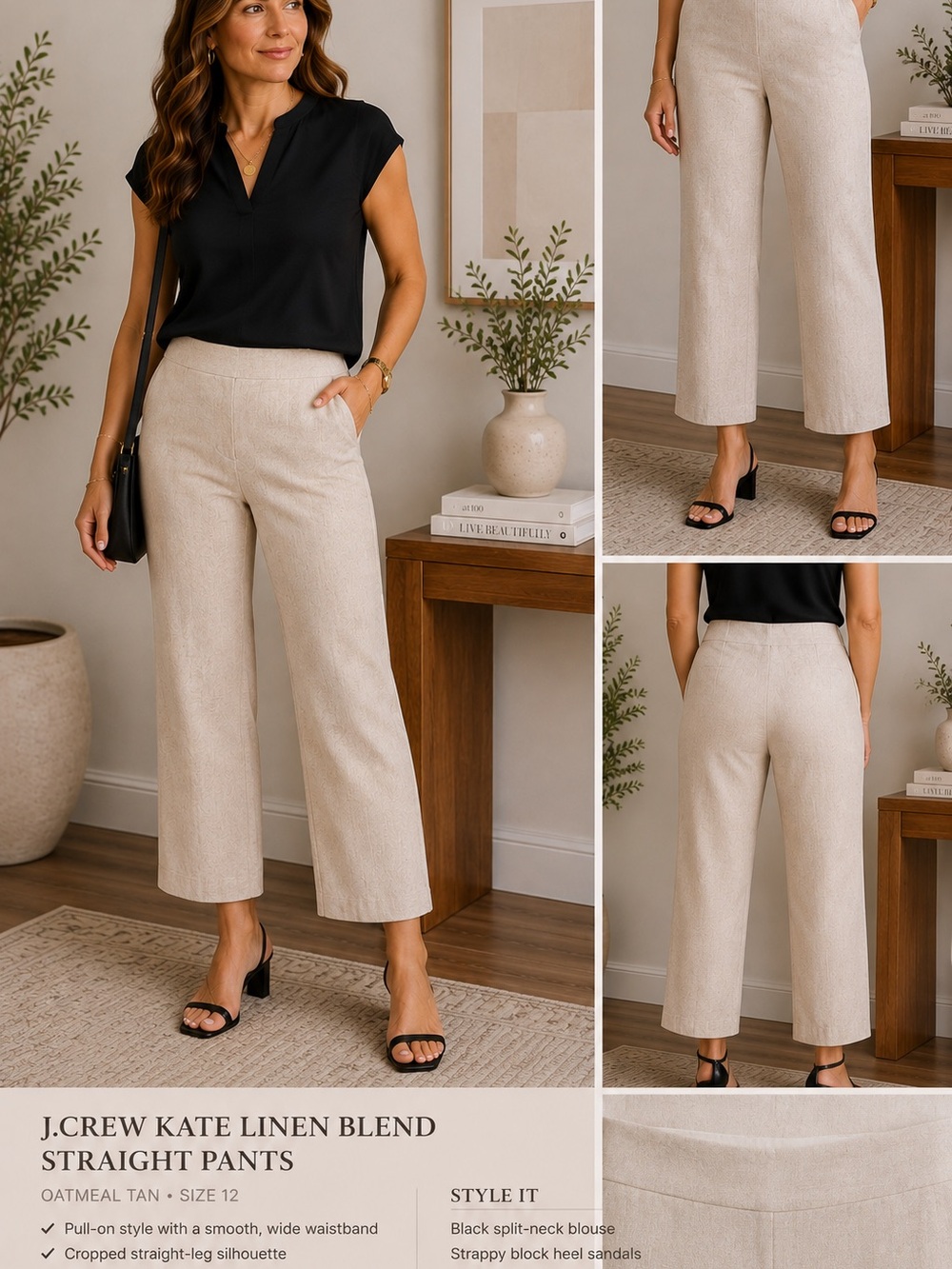 J.Crew Kate Linen Blend  Straight Pants Oatmeal Tan Size 12